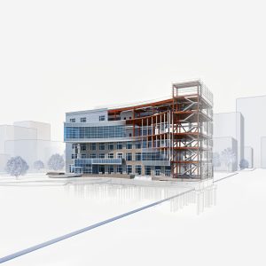 Rendering of a building generated from original BIM datasets, featuring layers of transparency showing architecture, structural, and MEP components. This image is designed to illustrate how various disciplines contribute to the BIM process. Image was created using Autodesk Revit and 3ds Max software.
